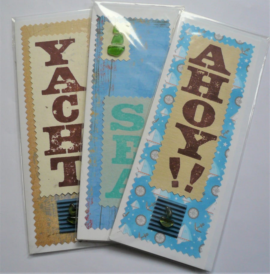3 Pack Yacht Sailing Tall Greetings Cards Sea Glass Embellished Block Printed