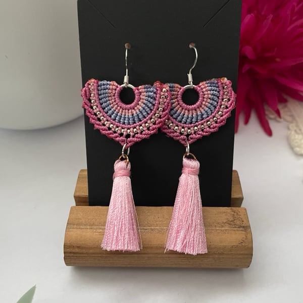 Boho tassel micro macrame beaded dangle unique earrings 