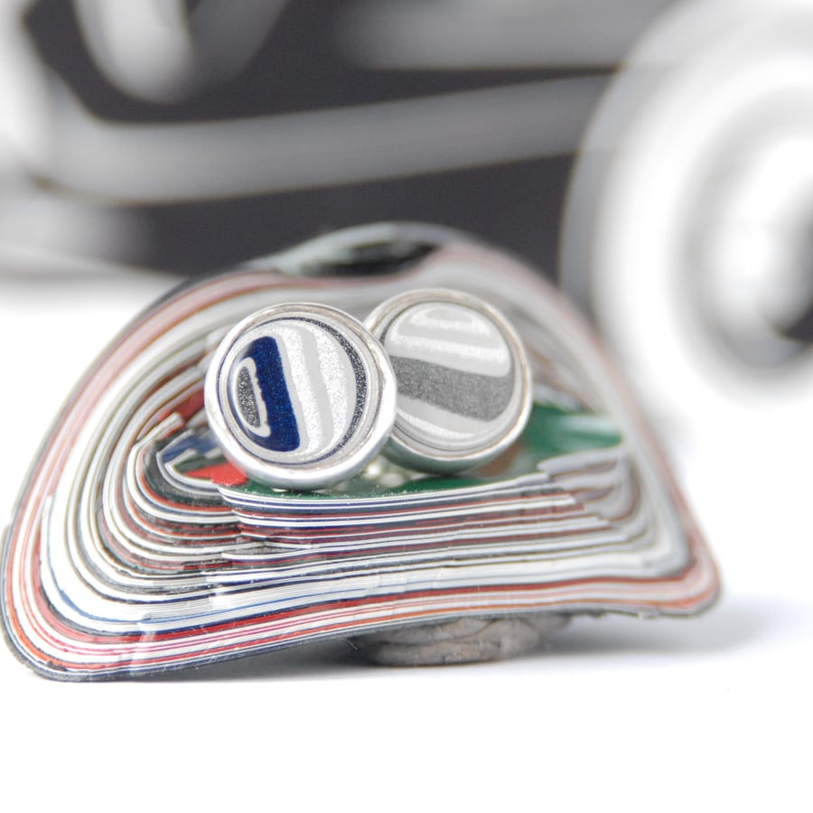 Ford fordite stud earrings - sparkly silver and navy stripes