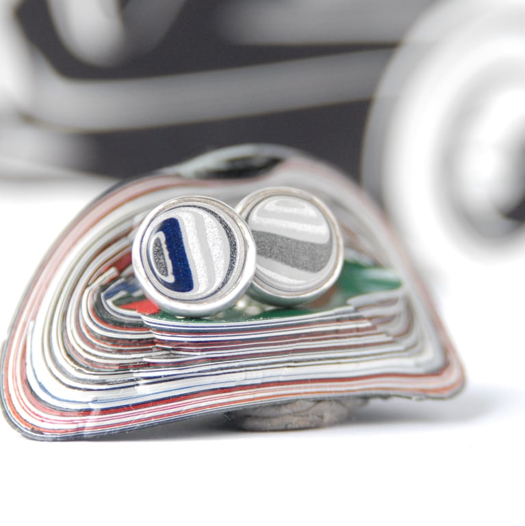 Ford fordite stud earrings - sparkly silver and navy stripes