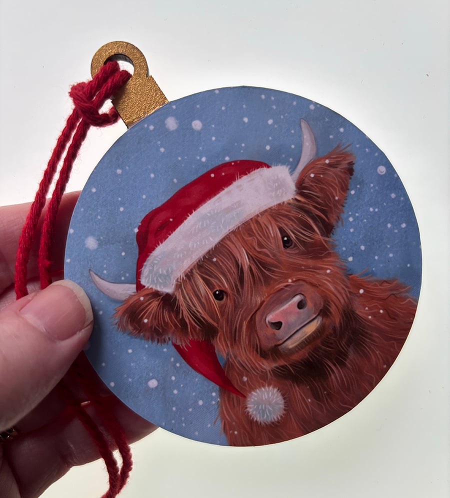 Highland Cow in Hat - Christmas Tree Ornament