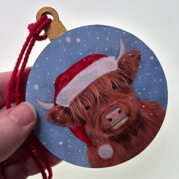 Highland Cow in Hat - Christmas Tree Ornament