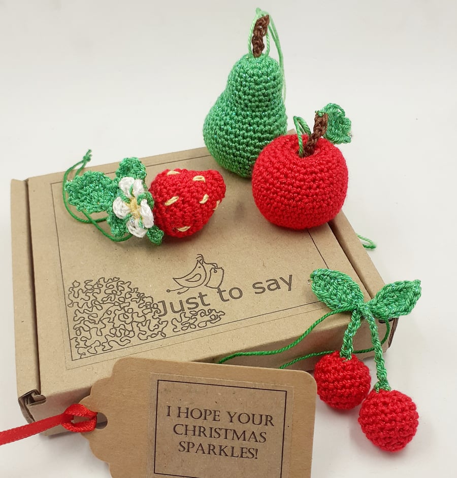 Four Crochet Fruit Decorations With Added Sparkle