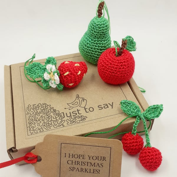 Four Crochet Fruit Decorations With Added Sparkle