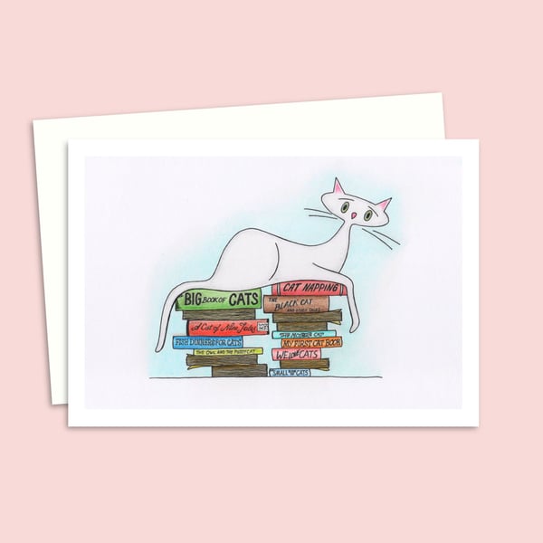 Cat Lover Greeting Card with a Hand Drawn White Cat Illustration