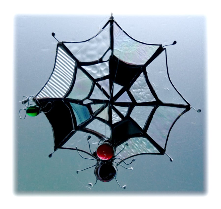 Spider's Web Suncatcher Stained Glass with Red Spider and Green Fly 038