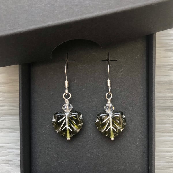 Olive green Czech leaf earrings. Sterling silver