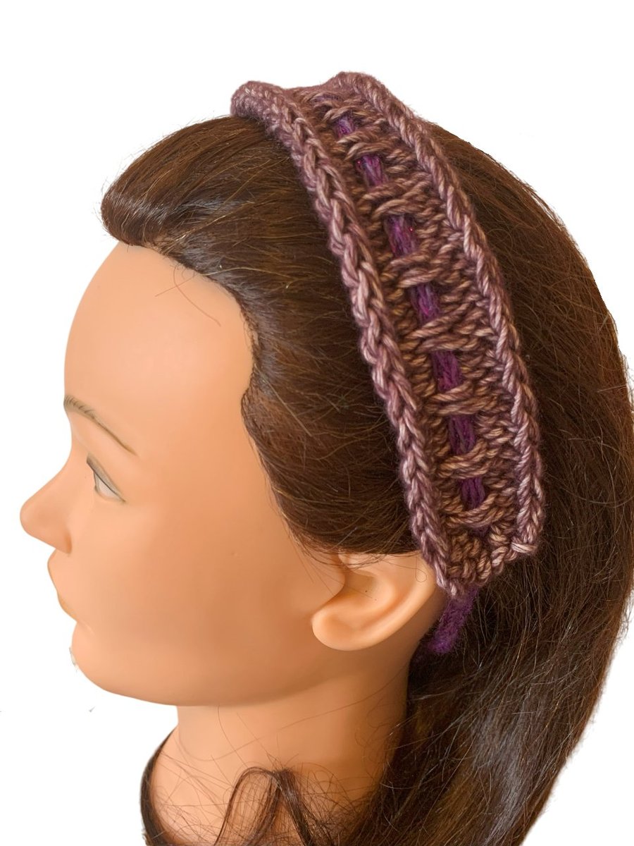 Purple Hair Band Headband Adjustable Tie to Fit Hair Accessory Knitted by Hand