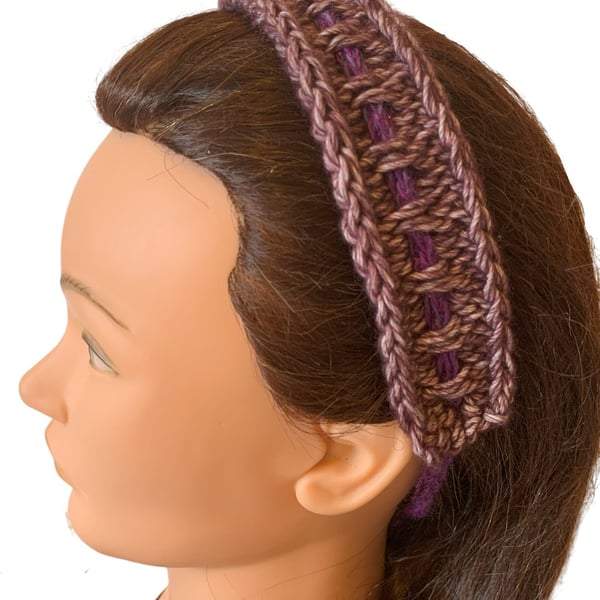 Purple Hair Band Headband Adjustable Tie to Fit Hair Accessory Knitted by Hand