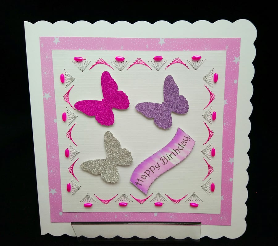 Cards, Birthday Card Butterfly, Embroidered with Beads 