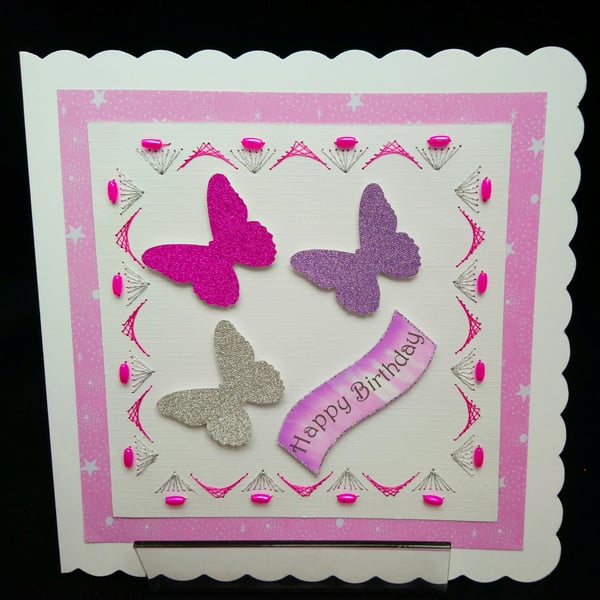 Cards, Birthday Card Butterfly, Embroidered with Beads 