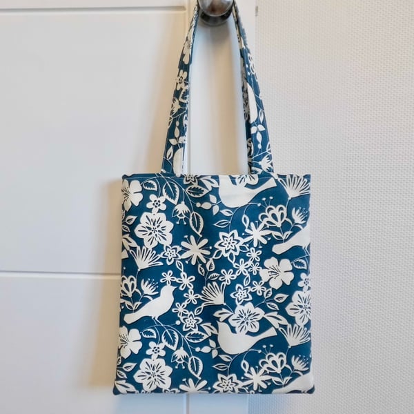 Tote bag long handles shoulder bag blue birds and flowers modern print