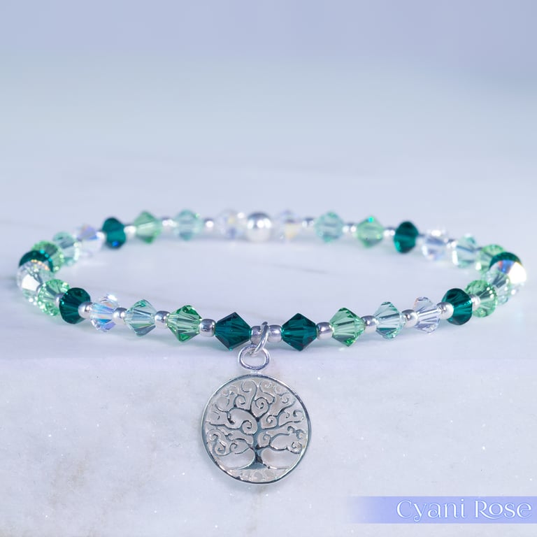 Bracelet swarovski and sterling silver tree of life beaded charm 