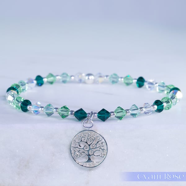 Bracelet swarovski and sterling silver tree of life beaded charm 