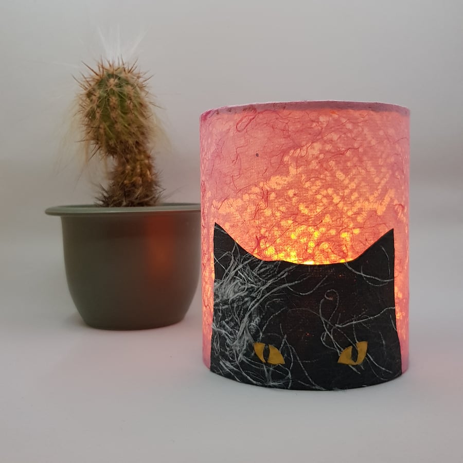 Peeking Black Cat Silhouette Lantern with LED candle (Pink Option A)