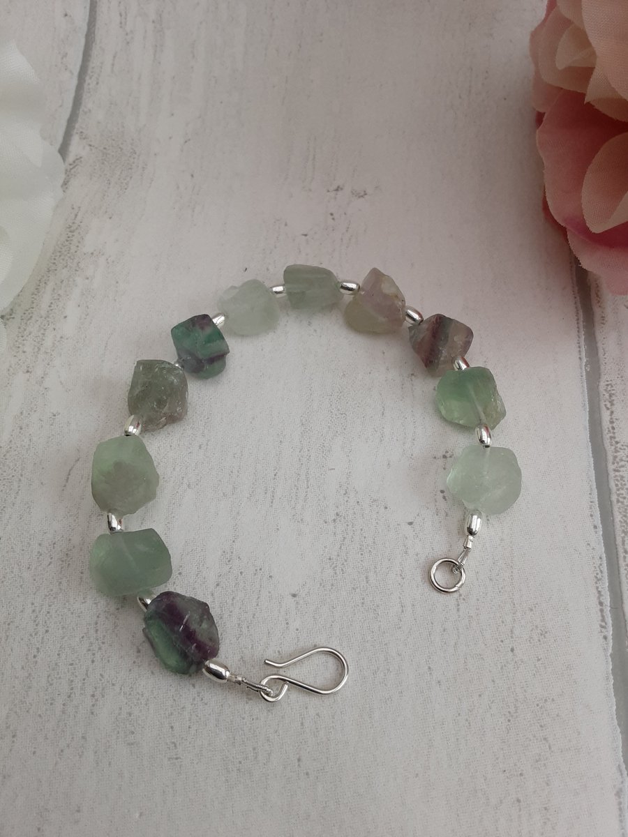 Fluorite nugget and silver bead bracelet