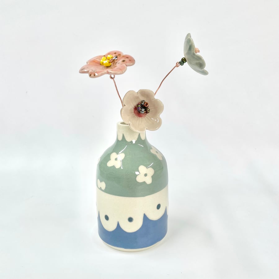 Handmade Flower Blue & Turquoise Bud Vase Mothers Day Valentines - Pottery Gift