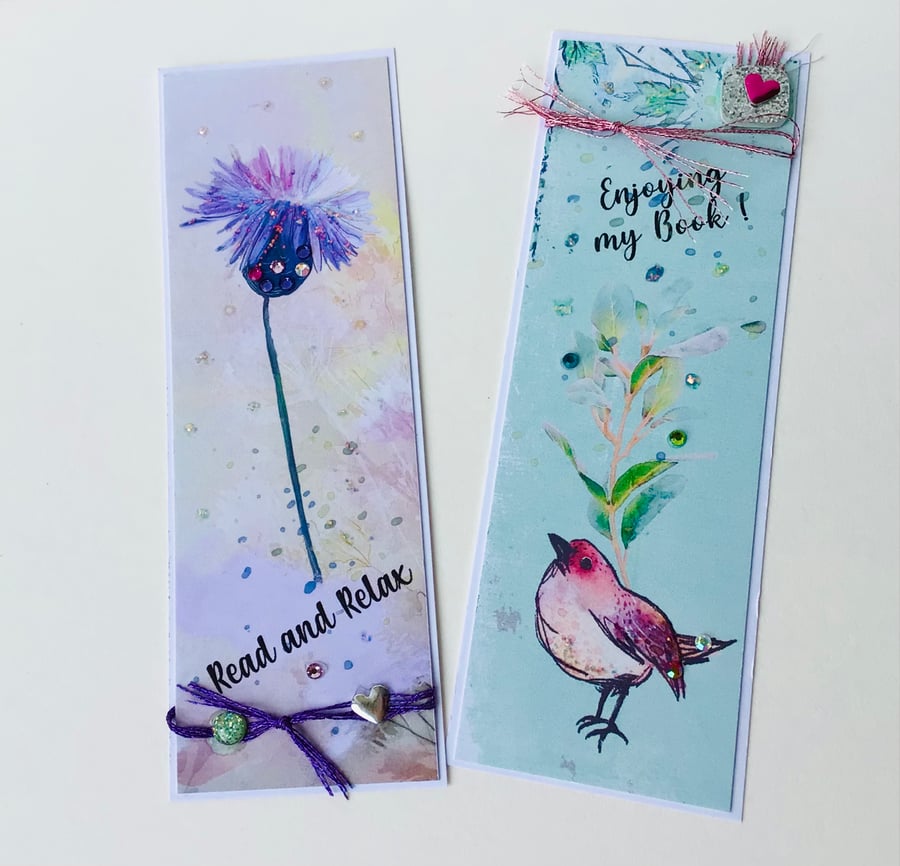 Bookmarks Set of Two, Printed Handfinished, Floral Collage Design 