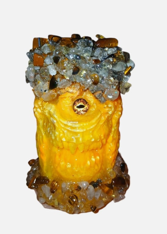 Creepy Moai Guardian Head with Tiger's Eye & Golden Spotted Quartz  