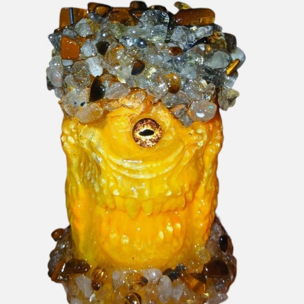Creepy Moai Guardian Head with Tiger's Eye & Golden Spotted Quartz  