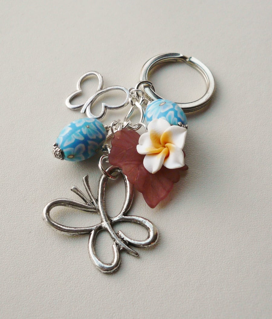 Keyring Blue and Cream Clay Polymer Bead Silver Butterfly Flower Themed KCJ1661