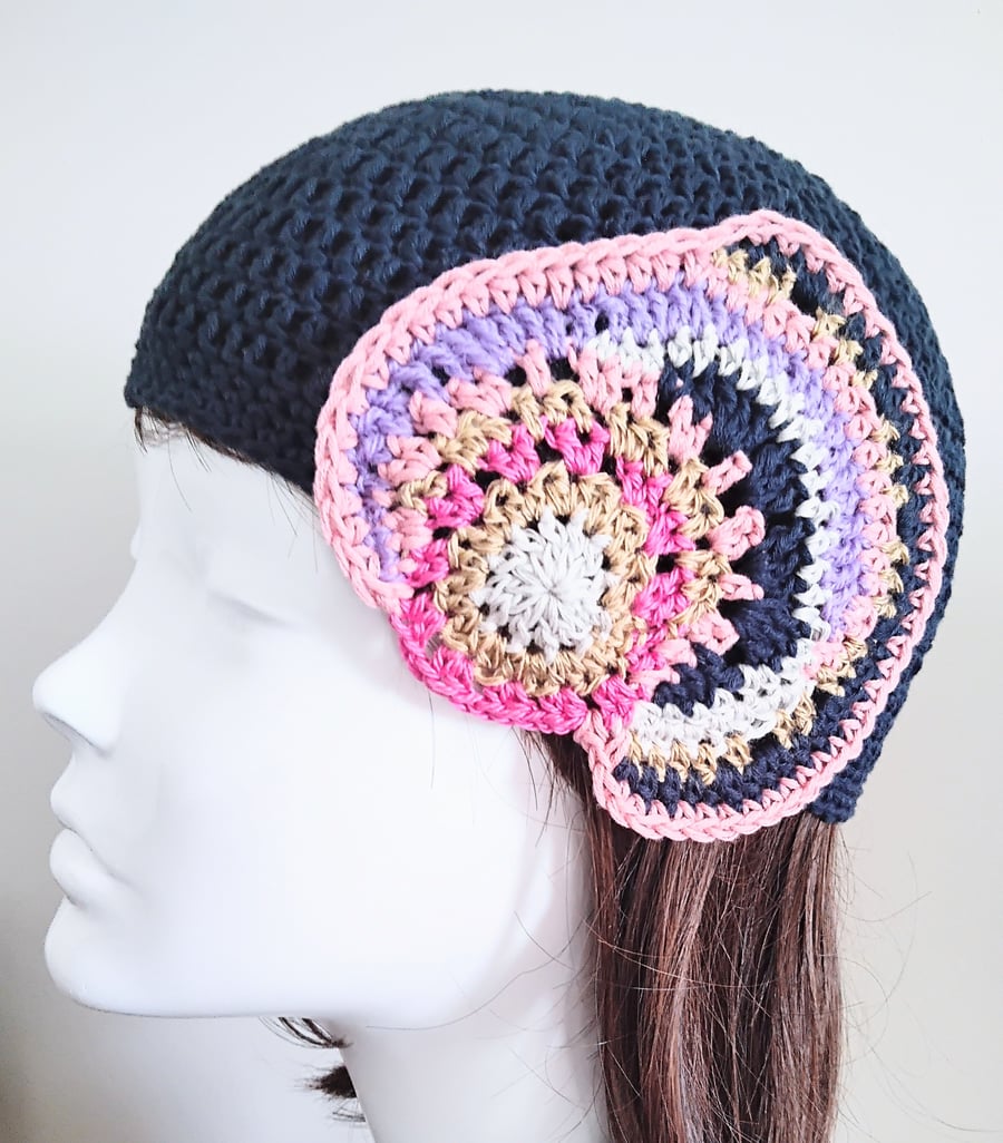 MADE TO ORDER Navy Blue Beanie with Freeform Crochet Motif