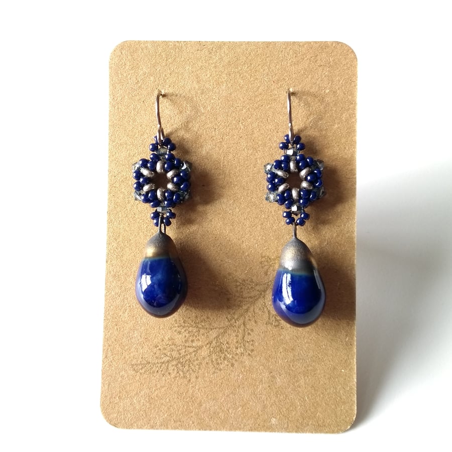 Navy and Silver Ceramic Beaded Drop Earrings