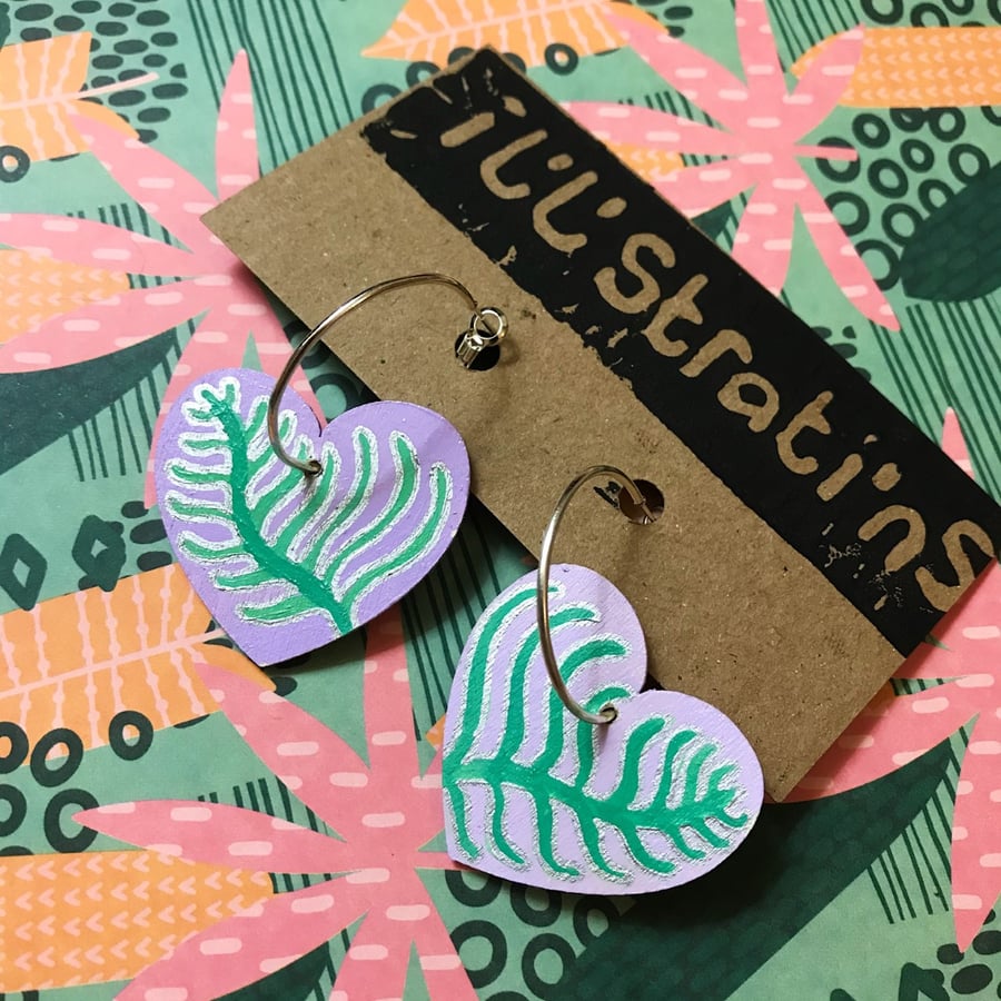 Hand Painted Lilac, Green and Silver Fern Heart Hoop Earrings