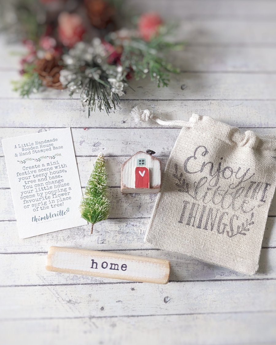 Little Wooden Handmade House in a Bag with Christmas Tree 'Home' 