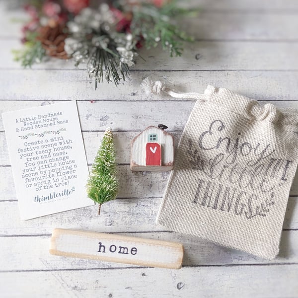 Little Wooden Handmade House in a Bag with Christmas Tree 'Home' 