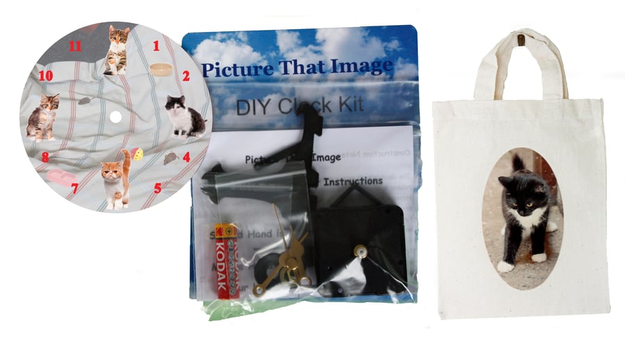 DIY 12cm Clock Kit Gift Set - Kittens in Canvas Bag with Cat Motif