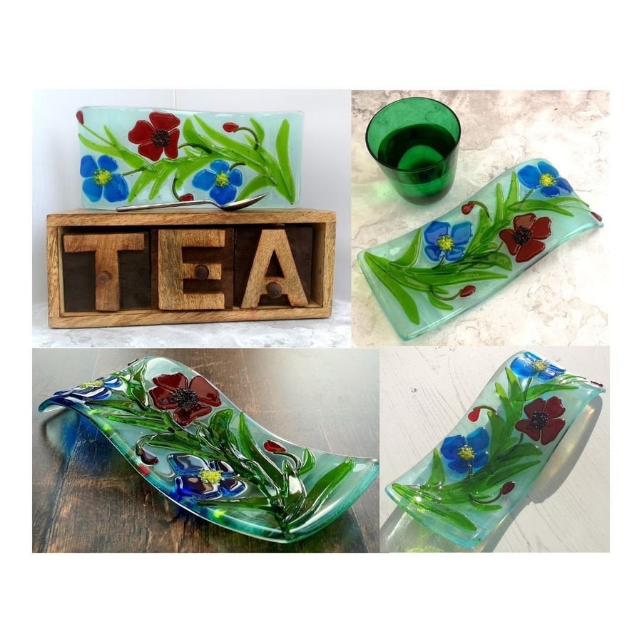 Handmade Fused Glass Free Standing Curved Flower Picture - Floral Suncatcher