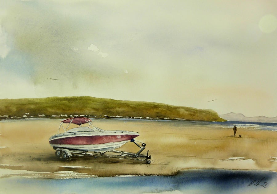 Boat on Abersoch Beach, Commission Watercolour Painting.
