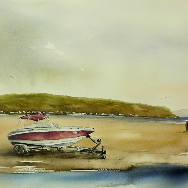 Boat on Abersoch Beach, Commission Watercolour Painting.