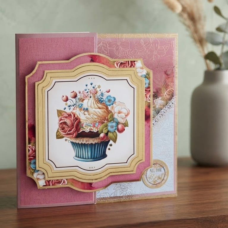 Handmade Birthday Card, Floral Cupcake Card, Luxury Greeting Card,