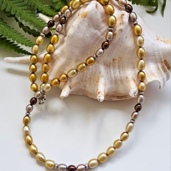 Designer Freshwater Multicoloured Rice Pearl Sterling Silver Necklace