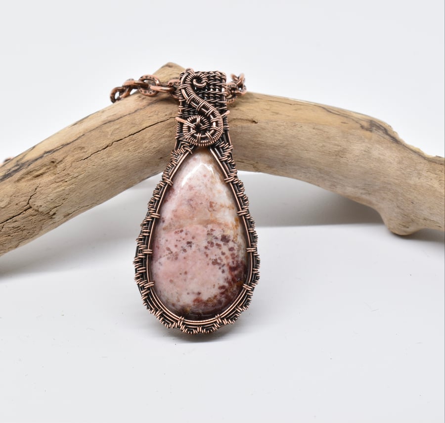 Pink Jasper and Copper Wire Woven Pendant