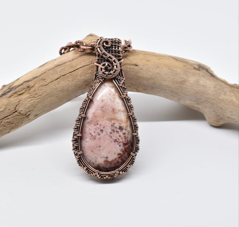 Pink Jasper and Copper Wire Woven Pendant