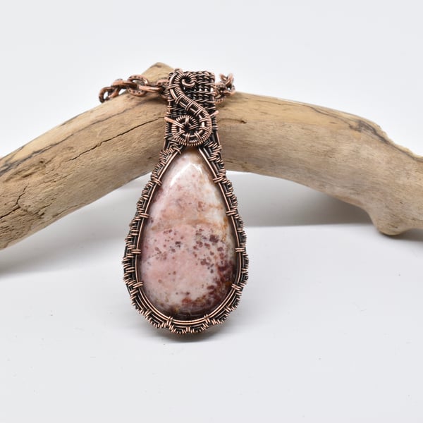 Pink Jasper and Copper Wire Woven Pendant
