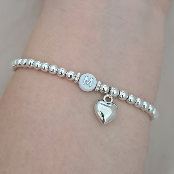 Personalised Silver Initial Bracelet with Heart Charm Stretch Beaded Bracelet 