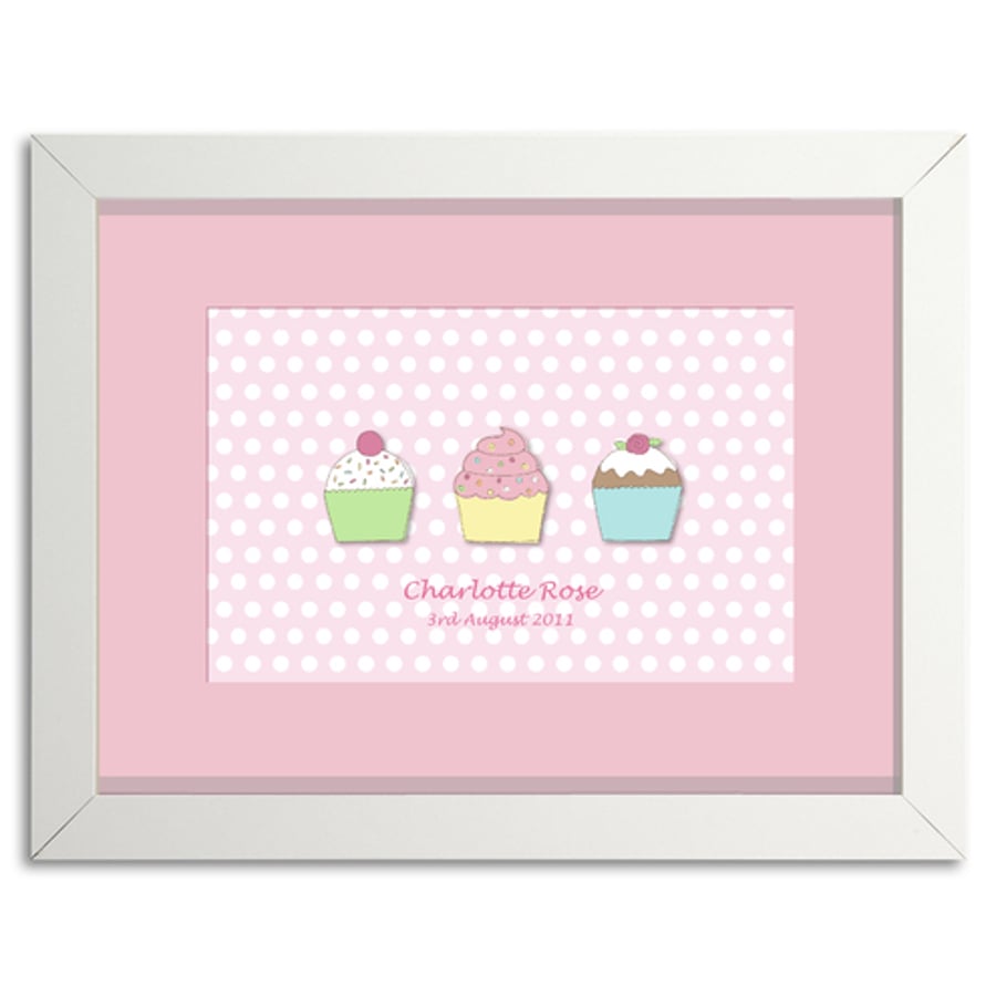 Girls Cupcakes Personalised Nursery Picture 
