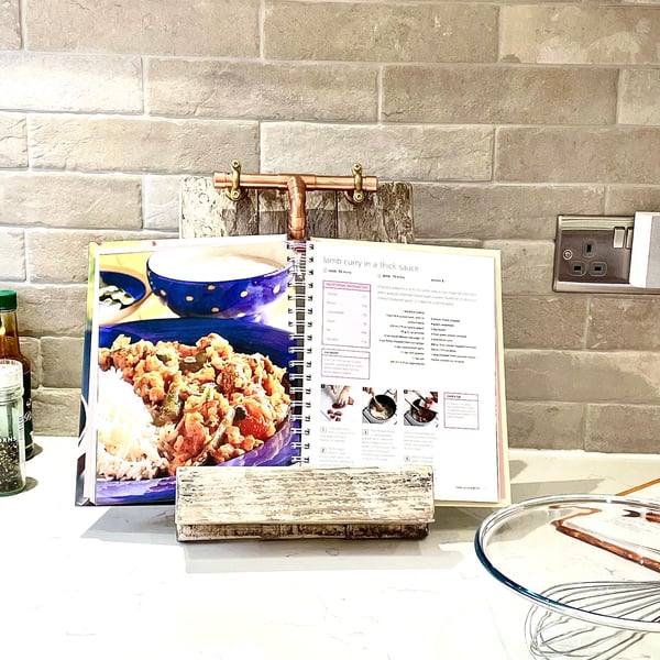 Cookbook Stand, Timber & Copper Recipe Holder, Book Stand, Music Sheet Holder, C