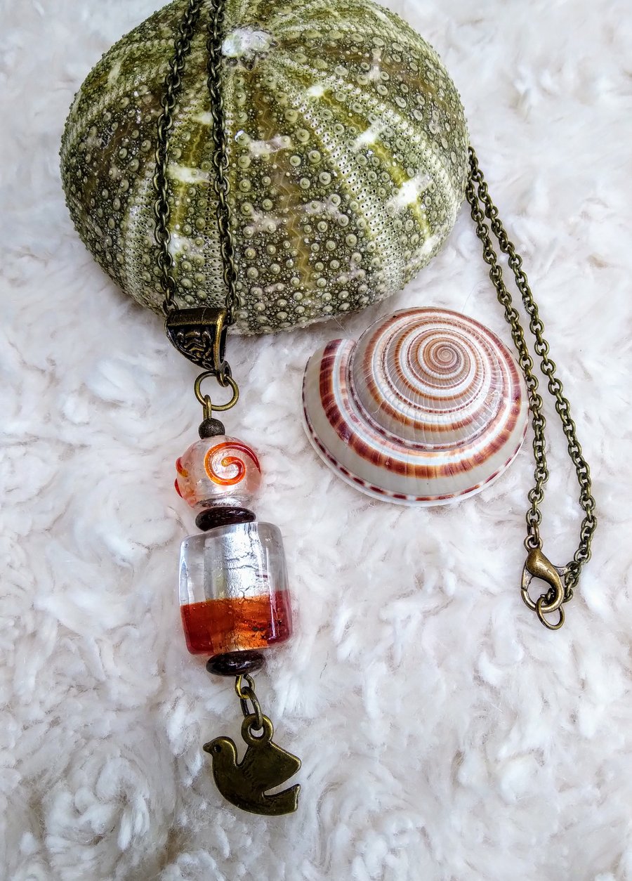 Hand-made LAMPWORK BEADS pendant on bronze chain necklace