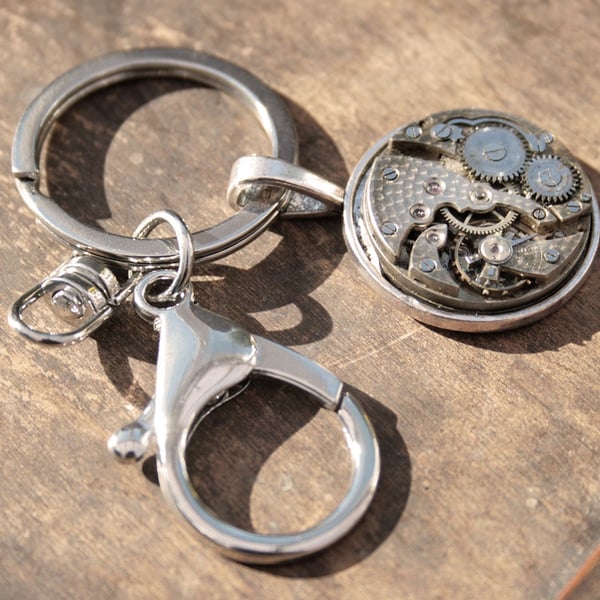 Steampunk Keychain with real Watchwork, New Home Gifts Keyring