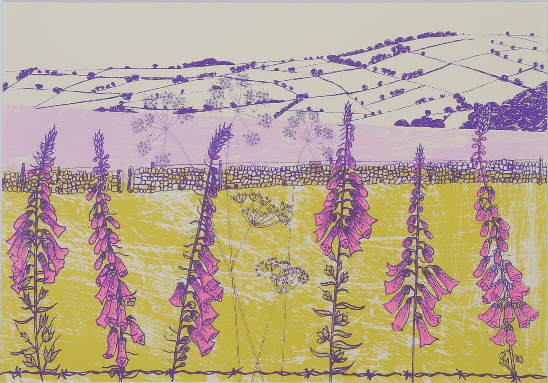 Flowering Foxgloves pink, original hand-pulled screen print