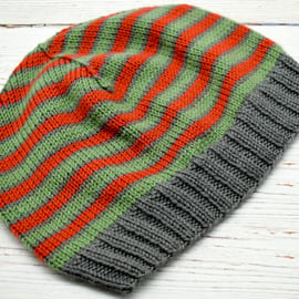 Hand Knitted hat in grey, green and russet - Large