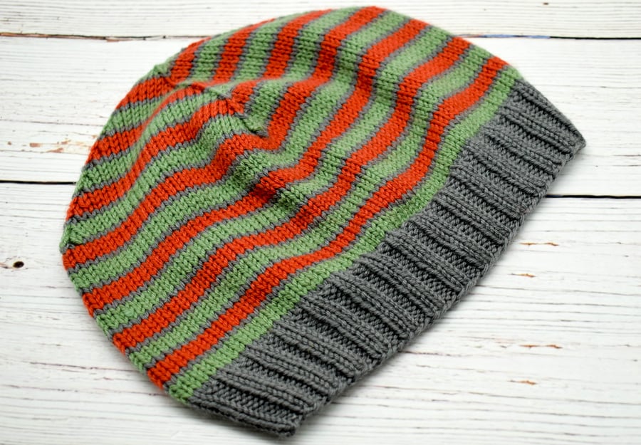 Hand Knitted hat in grey, green and russet - Large