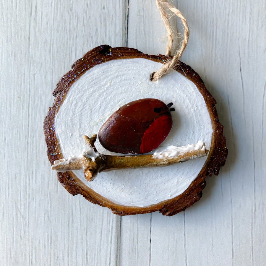 Rustic hanging Robin on a branch Christmas decoration made in Cornwall 