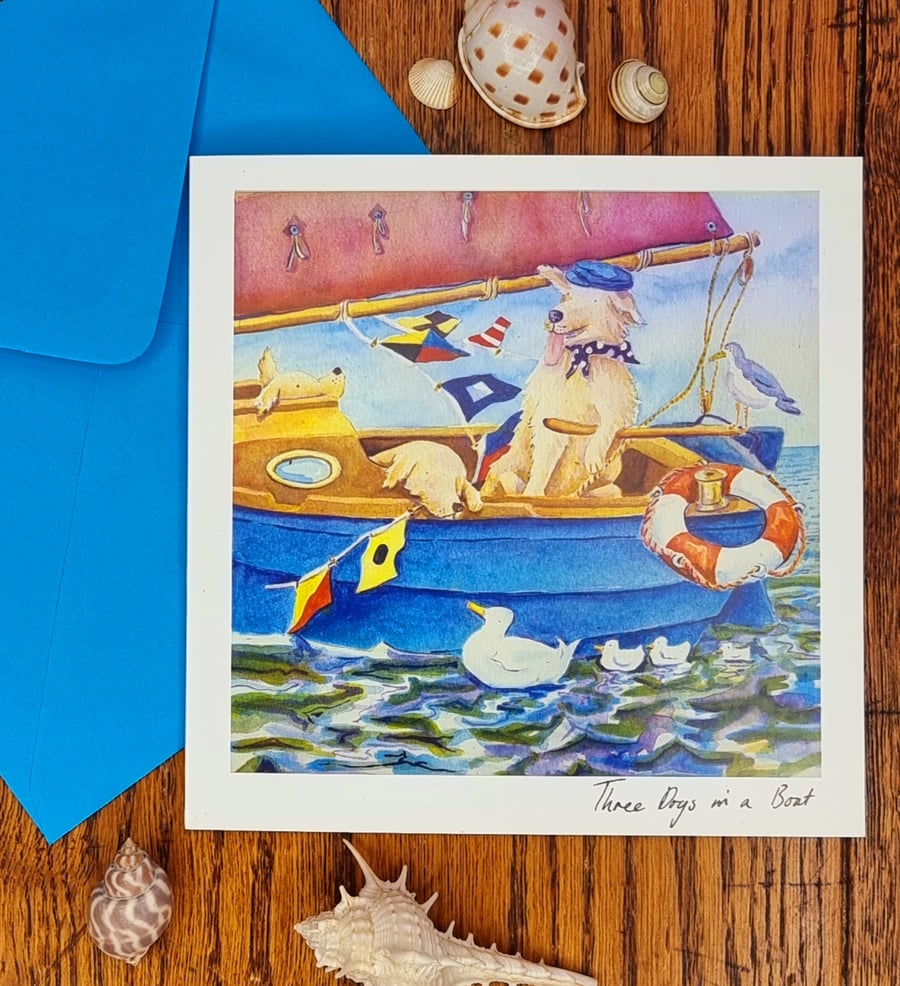 3 dogs in a boat sailing labrador labradors greeting card