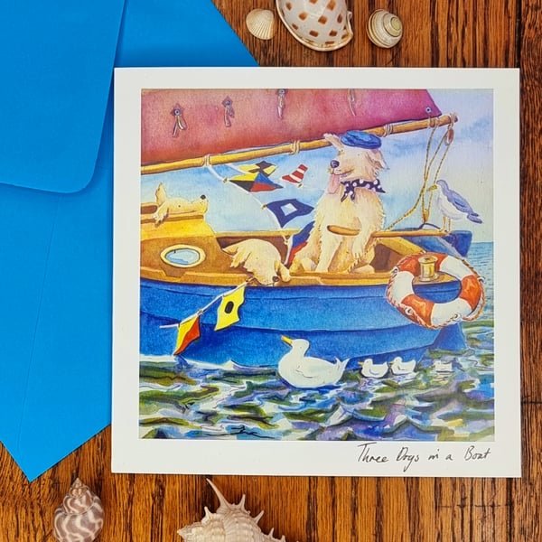 3 dogs in a boat sailing labrador labradors greeting card